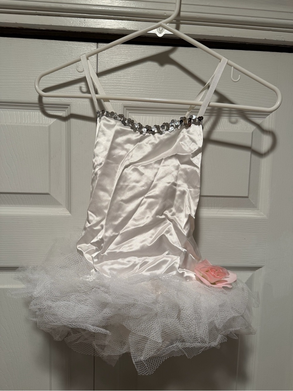 Girl’s White Satin Tulle Dance Leotard with Pink Flower